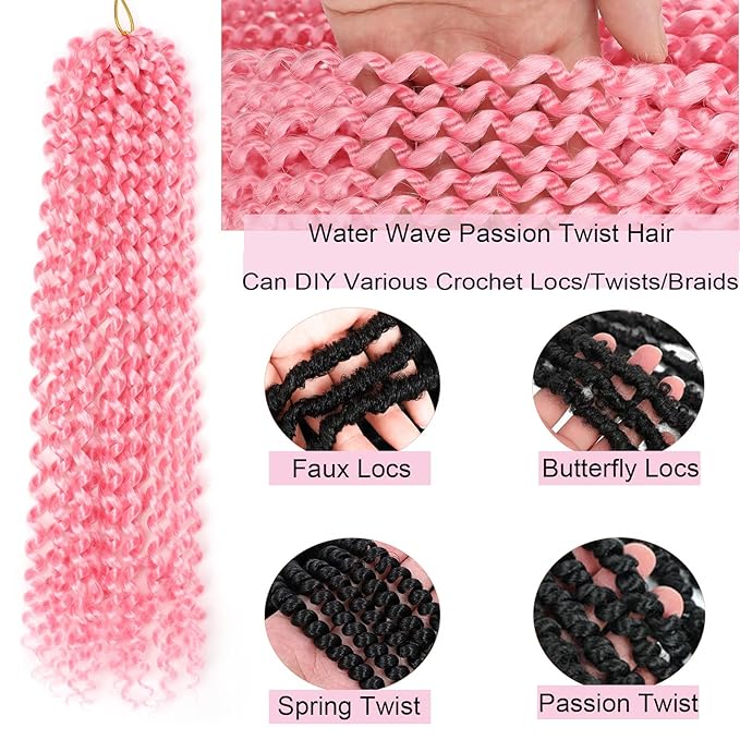 Pink Passion Twist Hair,14 Inch 7 Packs Water Wave Crochet Hair Curly Wrapping Braiding Hair For Passion Twist Crochet Hair/Butterfly Locs/Spring Twist Crochet Hair Braids (14in,7pcs,pink#)