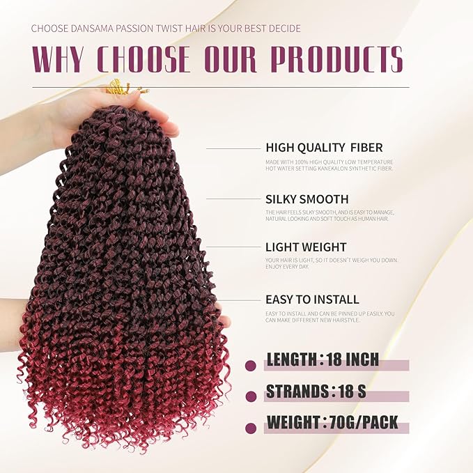 Dansama 7 Packs Passion Twist Hair Water Wave Braiding Hair for Butterfly Style Crochet Braids Bohemian Hair Extensions (18inch (Pack of 7), T1B/BUG)