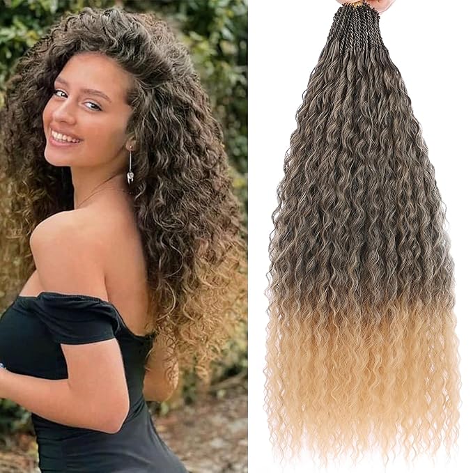 Xtrend Pre Looped Micro Kinky Curly Crochet Hair 18 Inch 8 Packs Ombre Honey Blond Brazilian Wave Micro Curly Crochet Hair Synthetic Deep Wave For Mini Passion Twist (30 Strands/Pack，T27#)