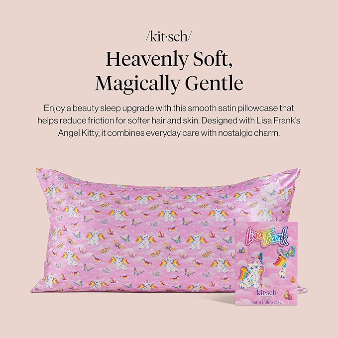 Kitsch x Lisa Frank Satin Pillowcase with Zipper for Hair & Skin, Softer Than Silk Pillow Cases, Wrinkle-Free, Smooth and Cooling Satin Pillow Covers, King Size (19x36) - Angel Kitty