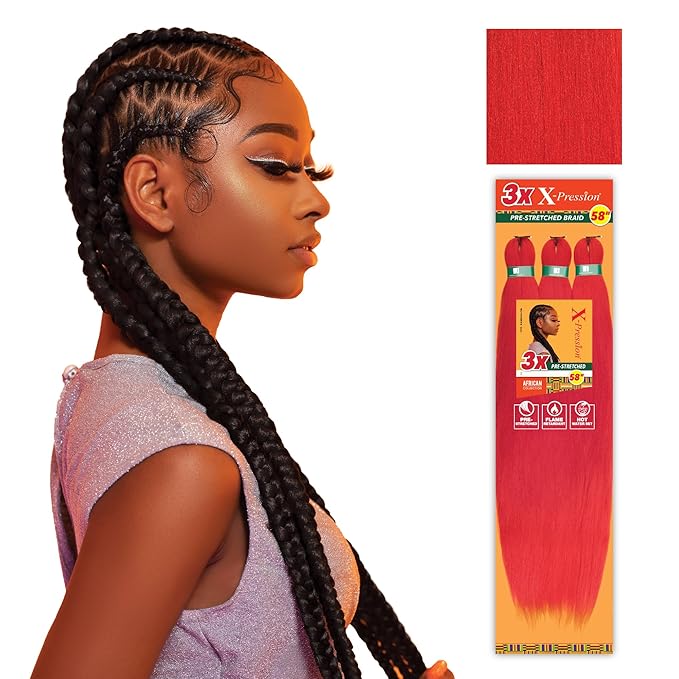 Sensationnel X-pression prestretched braiding hair - 3x braid 58 inch all kanekalon flame retardant synthetic braid for box braids and twists (1 pack, RED)