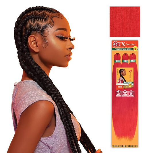 Sensationnel X-pression prestretched braiding hair - 3x braid 58 inch all kanekalon flame retardant synthetic braid for box braids and twists (4 pack, RED)