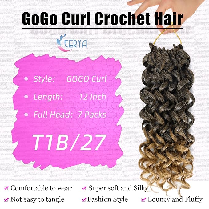 7 Packs GoGo Curl Crochet Hair 12 Inch Short Curly Crochet Hair for Women Beach Curl Water Wave Deep Twist Crochet Braids Synthetic Braiding Hair Extensions (12 Inch, T1B/27)
