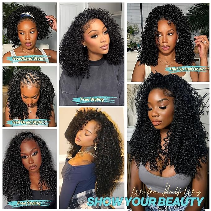 Kinky Curly Half Wig Human Hair 200% Density Wear Go Glueless Wigs Human Hair 20 Inch Curly 3 In 1 Half Wigs for Women Drawstring Seamless Flip Headband Wig Beginner Friendly