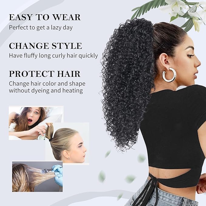 20 Inch Drawstring Ponytail Extension for Black Women Deep Curly Ponytail Extension Synthetic Mixed with Human Hair Hairpieces Afro Kinky Curly Pony Tail for Daily Use (Black)