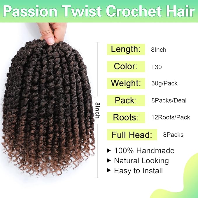 Passion Twist Crochet Hair 8Inch Passion Twist Hair 8 Packs Pre Looped Passion Twist Curly Crochet Hair Short Crochet Hair for Black Women Extensions (T30-8pack)…
