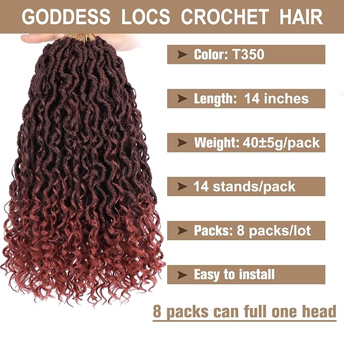 COOKOO Ombre Ginger Goddess Locs 14 Inch 8 Packs Bohemian Faux Crochet Hair for Kids Pre-Looped River Locs With Curly Ends Soft T350#
