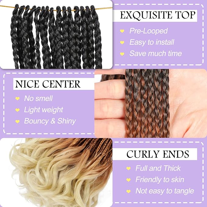 French Curl Crochet Braids 18 Inch 8 Packs Goddess Box Braids Crochet Hair for Women Pre Looped Crochet Box Braid with Curly Ends Synthetic French Curly Braiding Hair Extensions (1B/30/613)