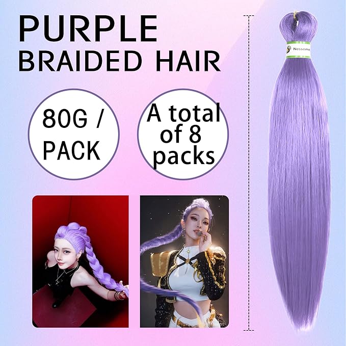 Purple Braiding Hair Pre Stretched for Braids Purple Hair Extensions Braiding Hair for Halloween Costume Cosplay(24 Inch(Pack of 8))