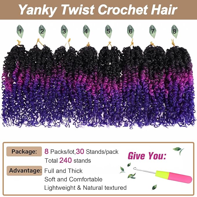 COOKOO 8 Inch 8 Packs Pre Looped Soft Yanky Twists Crochet Hair for Women Pre-twisted Passion Twists Crochet Braids with Curls Spring Twist Crochet Hair Extensions Twist Crochet Braiding Hair 49#