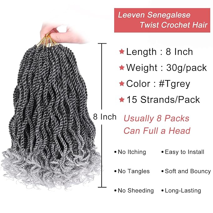 Leeven 8 Inch Wavy Senegalese Twist Crochet Hair 8 Packs Ombre Grey Pre Looped Short Micro Twist with Curly Ends, Small Hanava Twist, Synthetic Crochet Braids for Women Girl Kids