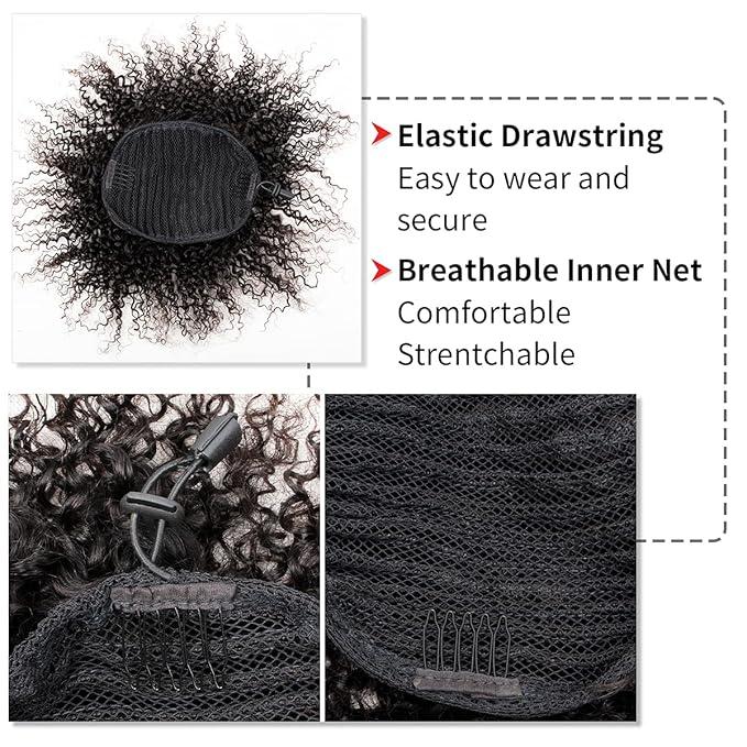 Afro Puff Drawstring Ponytail Human Hair 8a Brazilian Virgin Hair 2 Clip In Natural Kinky Curly Puffs Updo Chignon Buns Extension for Black Women Girls 12 Inch #1B Natural Black