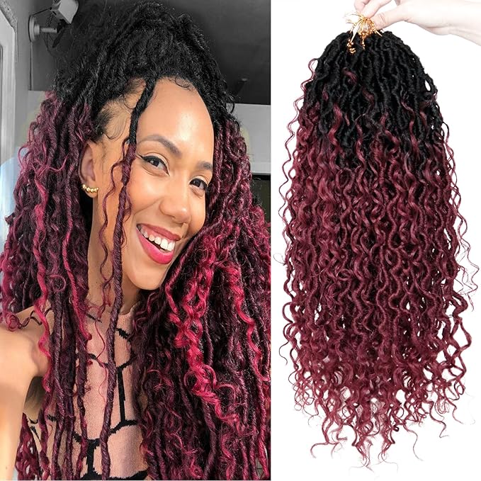 Goddess Locs Crochet Hair 18Inch Crochet Locs,Burgundy Boho Faux Locs With Curly Ends River Hippie Locs Bohemian Locs Crochet Braids 4Packs (OTBUG, 18inch(Pack of 4))