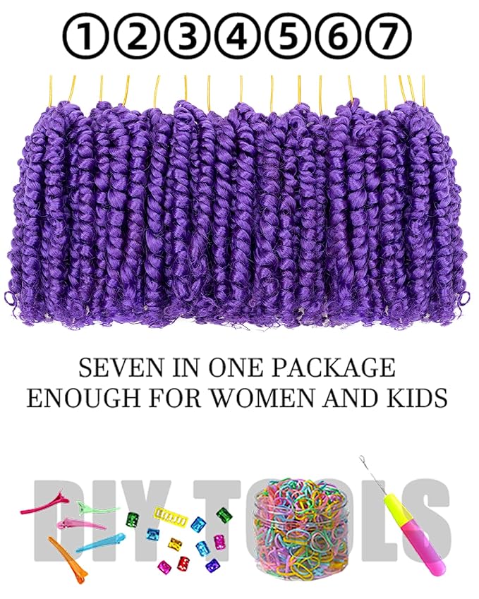 4 Inch 7 Packs Super Short Passion Twist Crochet Hair for Black Women and Kids-Purple Pre Looped Pretwisted Soft Hair Extensions,Braided by Synthetic Spring Kinky Twist Bohemian Curl(4"-7P,Purple)