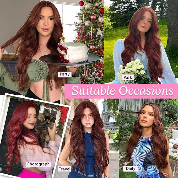 ALXNAN Clip in Long Wavy Synthetic Hair Extension 24 Inch Wine Red 4PCS Thick Hairpieces Fiber Double Weft Hair for Women