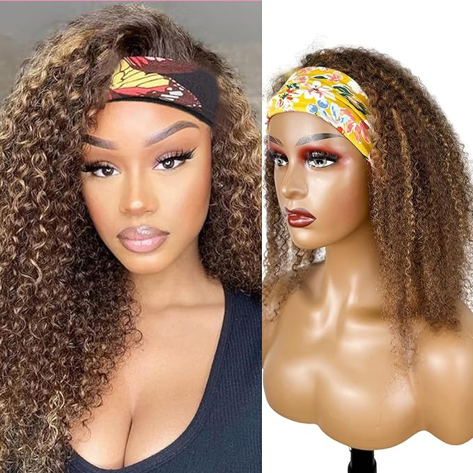 Ombre Highlight Headband Wig Human Hair #4/27 Colored Kinky Curly Headband Wig for Black Women Glueless None Lace Front Human Hair Wigs Brazilian Virgin Hair Wear and Go Wigs 150% Density 20 Inch