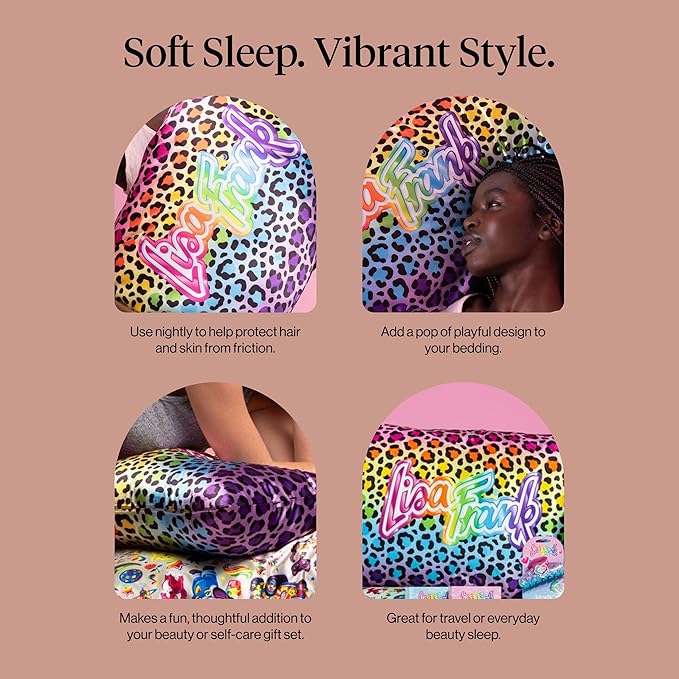 Kitsch x Lisa Frank Satin Pillowcase with Zipper for Hair & Skin, Softer Than Silk Pillow Cases Queen, Wrinkle-Free, Smooth and Cooling Satin Pillow Covers Standard/Queen Size 19x26 - Rainbow Leopard