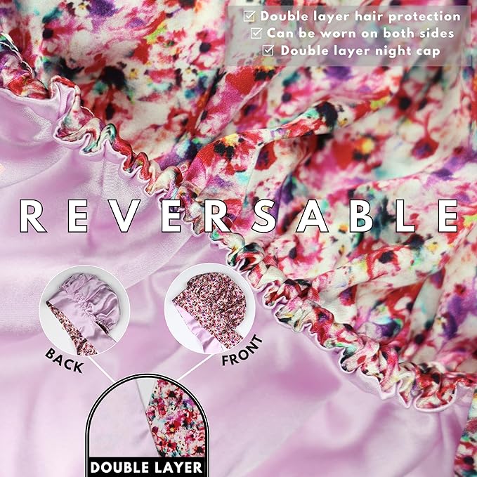 100% Mulberry Silk Bonnet for Sleeping with Ties – Adjustable 19 Momme Double-Layer Reversible Hair Wrap – Stay-On Sleep Bonnet for Women, Long Curly Hair, Natural Hair Care, Real Silk Night Cap – Handmade in USA (Floral)