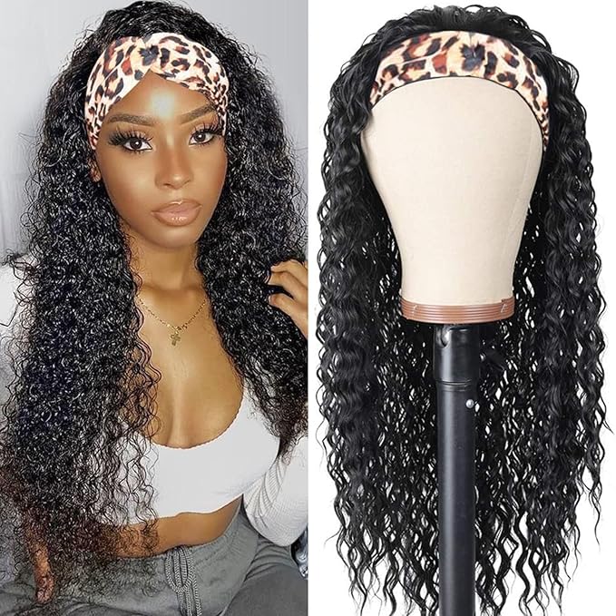 Headband Wig deep wave human hair wigs for Black Women Brazilian Remy Hair Glueless Non Lace Front Wig 150% Density Natural Color (28 inch, Headband Wig Deep Wave)