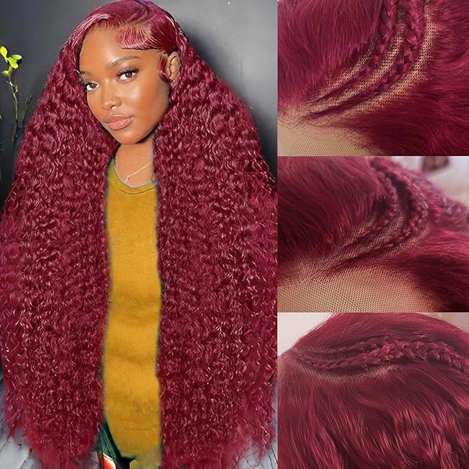 MEGOOD 250% Density Burgundy Wig Human Hair 13X4 99j Burgundy Lace Front Wigs Human Hair 13x4 Braided Wigs For Black Women HD Deep Wave Curly Human Hair Wig with Baby Hair 32 INCH