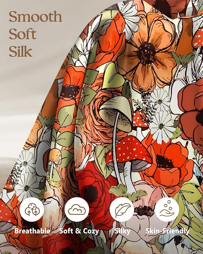 Silk Pillowcase 2 Pack - Pillow Cases 20" x 30" Queen Size Set of 2 for Hair and Skin Smooth Soft Breathable with Hidden Zipper Cooling Pillow Covers for Sleeping,Mushroom Bushes