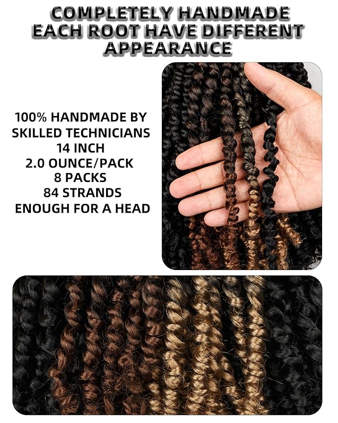 14 Inch 8 Packs Passion Twist Crochet Hair Pre looped-Mixed Color Combo Pack(6 packs 1B+ 1 pack T1B/27+1 pack T1B/30)Pre-twisted Pre Looped Soft & Bouncy Synthetic Braided Hair Extensions (1B+T27+T30)