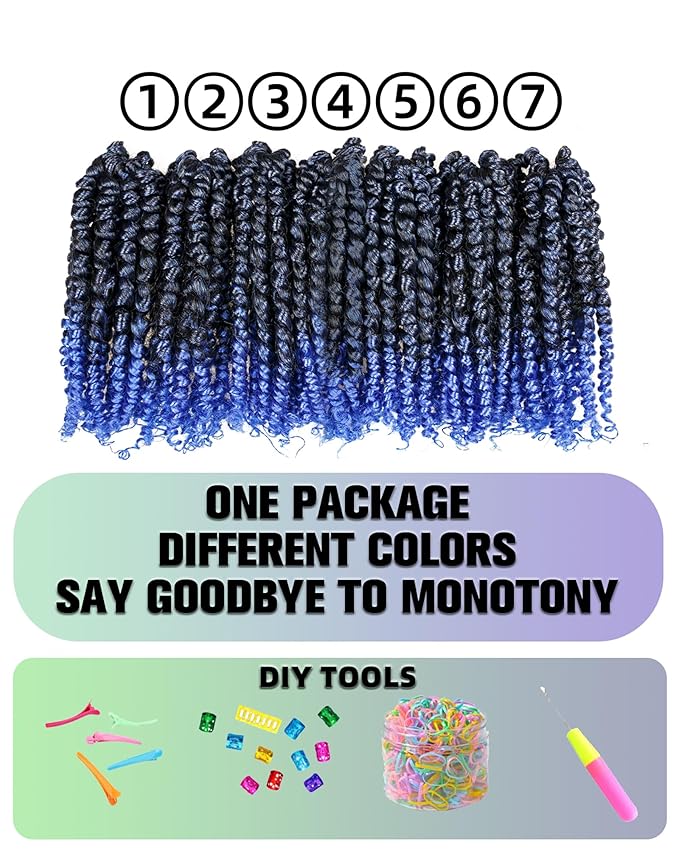 Pre-Twisted Passion Twist Crochet Hair for Black Women Passion Twist Hair Pre Looped Bohemian Braids 10 Inch 7 Packs Ombre Blue Short Bob Curly Braiding Hair Extensions(10"-7P,T1B/Blue)