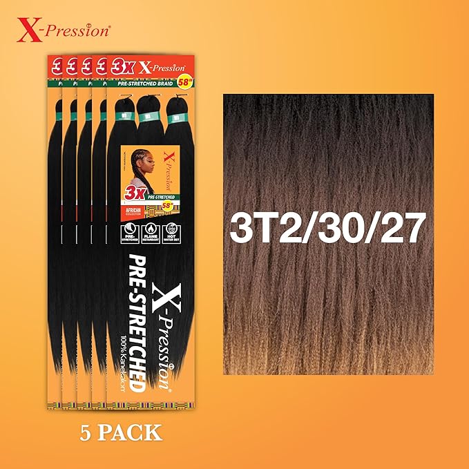 Sensationnel X-pression prestretched braiding hair - 3x braid 58 inch all kanekalon flame retardant synthetic braid for box braids and twists (5 pack, 3T2/30/27)