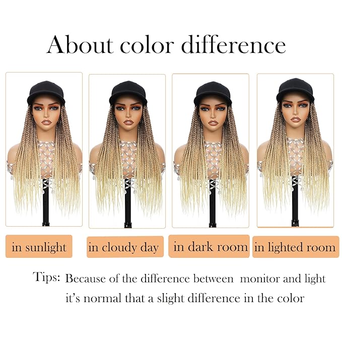 Hat Wig for Women Baseball Cap with blonde Braided Hair Attached Synthetic Box Braid Wig Hat Adjustable Black Cap with 18inch long ombre brown bonde light blonde Braids for Daily Outdoor Halloween Use