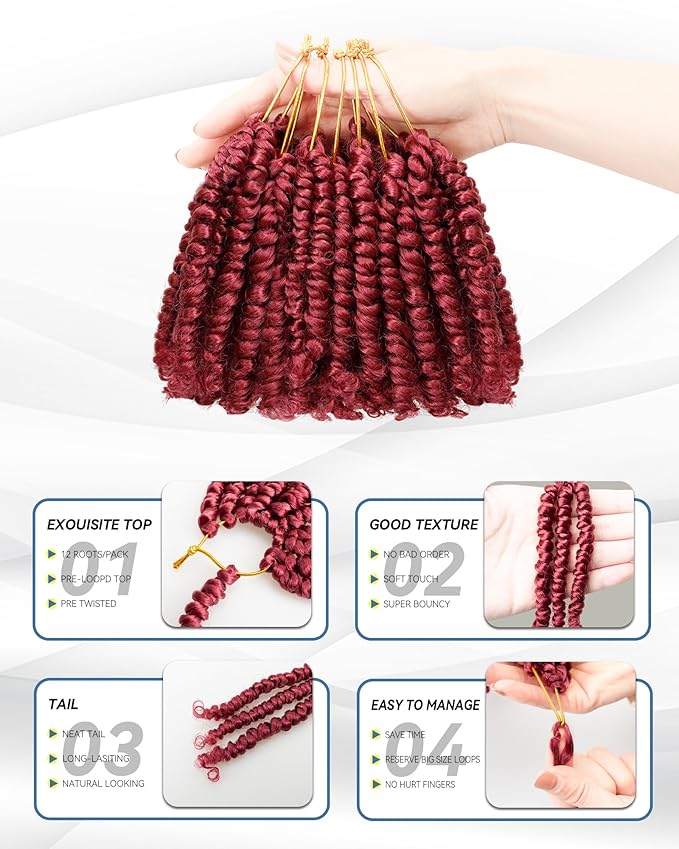 Short Passion Twist Crochet Hair for Black Women and Kids,Pre-Twisted Pre Looped Passion Twist Hair,4 Inch 8 Packs Burgundy Short Bob Spring Twist Bohemian Braids,Curly Hair Extensions(4"-8P,BUG)