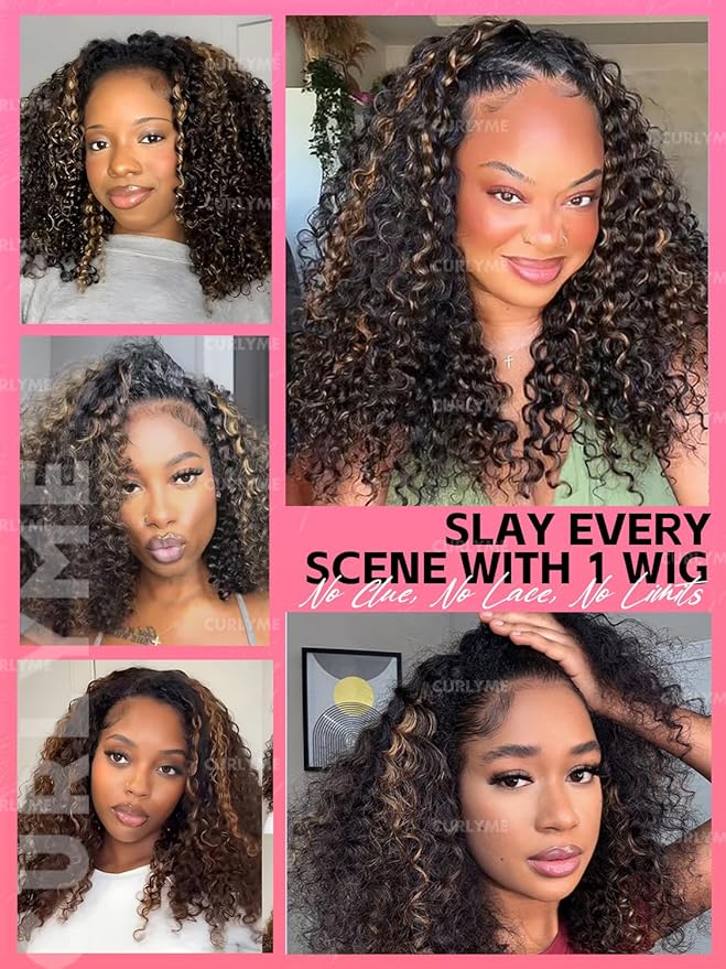 Curlyme Kinky Curly Half Wig Human Hair Highlight Brown Curly Glueless Install Flexible Fit 3 In 1 Ombre 2/30 Half Wig With Adjustable String Flip Over Beginner Friendly Invisible Hairline 20 Inch