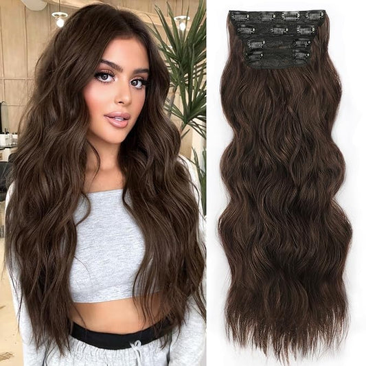 ALXNAN Clip in Long Wavy Synthetic Hair Extension 24 Inch Chocolate Brown 4PCS Thick Hairpieces Fiber Double Weft Hair for Women