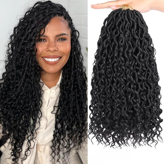 COOKOO 14 Inch 8 PCS Goddess Locs Crochet Hair Total 112 Strands Natural Black Faux Locs Crochet Hair Hippie River Locs Crochet Hair Pre Looped Crochet Locs Synthetic Hair Extensions 1B#