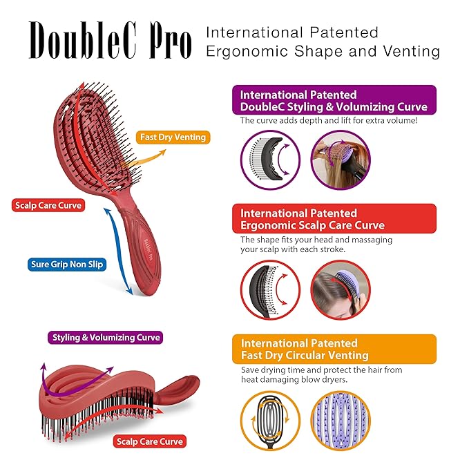 NuWay 4HAIR® DoubleC PRO® U.S. Patented Double Curved Detangling Brush is Hair Dryer Safe (Red)