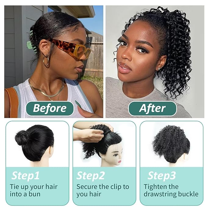 Ponytail Extension Human Hair Curly Ponytail Extension for Black Women Long Afro Puffs Hair Buns Drawstring Ponytail Human Hair (16 Inch #1B Natural Black)