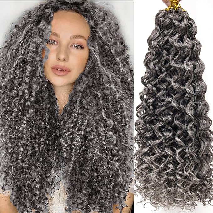 YXCHERISHAIR 8 Packs Curly Crochet Hair GoGo Curl Crochet hair for Black Women Deep Wave Braiding hair,Synthetic Bohemian Crochet Braid Water Wave Crochet hair Extensions (1B/Grey, 24inch)