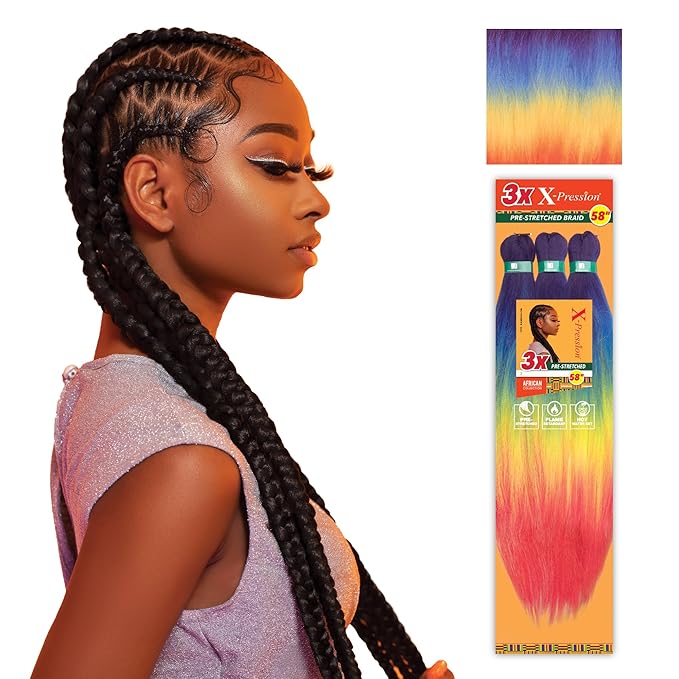 Sensationnel X-pression prestretched braiding hair - 3x braid 58 inch all kanekalon flame retardant synthetic braid for box braids and twists (1 pack, RAINBOW)