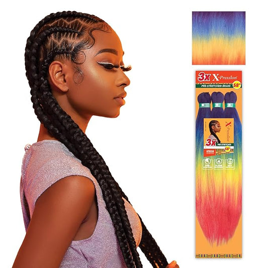 Sensationnel X-pression prestretched braiding hair - 3x braid 58 inch all kanekalon flame retardant synthetic braid for box braids and twists (2 pack, RAINBOW)