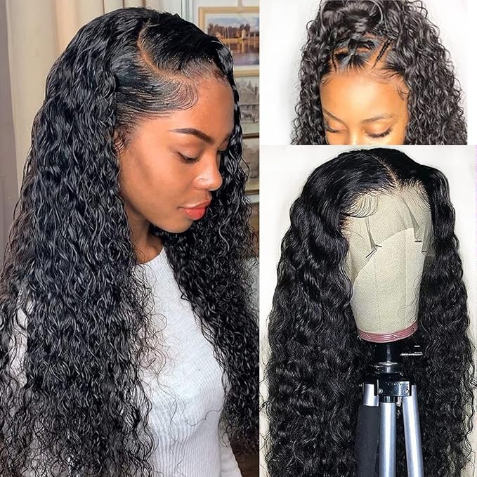 Water Wave 13x6 HD Transparent Lace Front Wigs Human Hair Pre Plucked Deep Wave Glueless Wigs Human Hair 180% Denisty Lace Frontal Wigs Human Hair for Women Natural Black Color 22 Inch