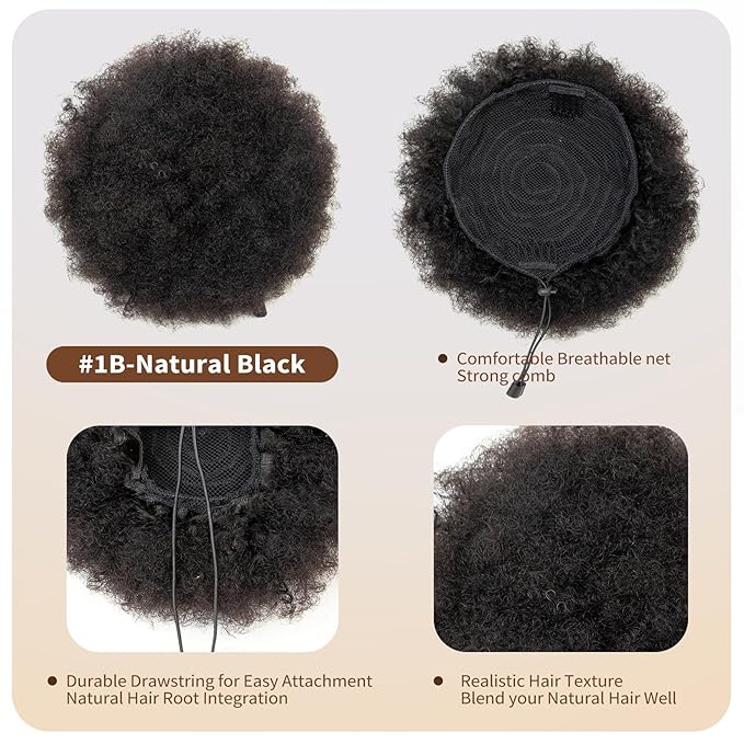 Small Afro Puff Drawstring Ponytail Human Hair Buns 1PC for Girls Kids Children Babies Black Women Natural Black Kinky Curly Hair Updo Donut Chignon 4 Inch