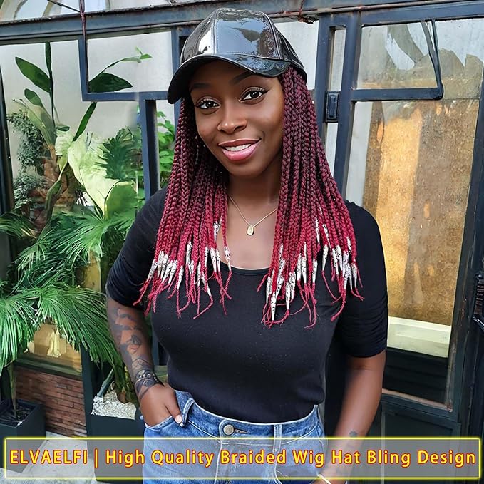 14" Box Braid Hair Extensions Burgundy w/Silver Clasps, PU Baseball Cap Wig for Women Girls Easy Wear