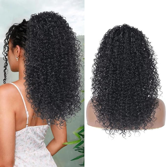 20 Inch Drawstring Ponytail Extension for Black Women Deep Curly Ponytail Extension Synthetic Mixed with Human Hair Hairpieces Afro Kinky Curly Pony Tail for Daily Use (Black)
