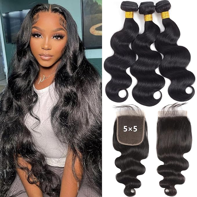 12A Body Wave 3 Bundles with 5×5 HD Lace Closure (22 24 26+20") 100% Unprocessed Brazilian Virgin Body Wave Human Hair Weave Bundles with Closure Natural Color