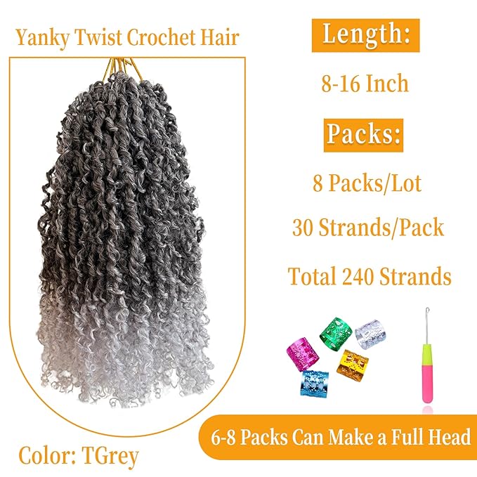 10 Inch Pre-Looped Yanky Twist Crochet Hair, 30 Strands/Pc, Mini Passion Twists, Senegalese Braiding Hair (TGrey, 8 Pcs/Pack)