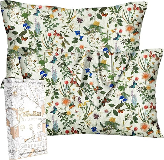 Silk Pillowcase 2 Pack - Pillow Cases 20" x 30" Queen Size Set of 2 for Hair and Skin Smooth Soft Breathable with Hidden Zipper Cooling Pillow Covers for Sleeping, Butterfly Plant