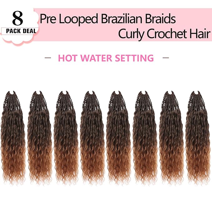 Xtrend 10 Inch Pre Looped Micro Curly Crochet Hair 8 Packs Ombre Brown Brazilian Braids Curly Crochet Hair Extensions Water Wave Synthetic Deep Wave Crochet Hair For Black Women(30Strands/Pack，T30#)