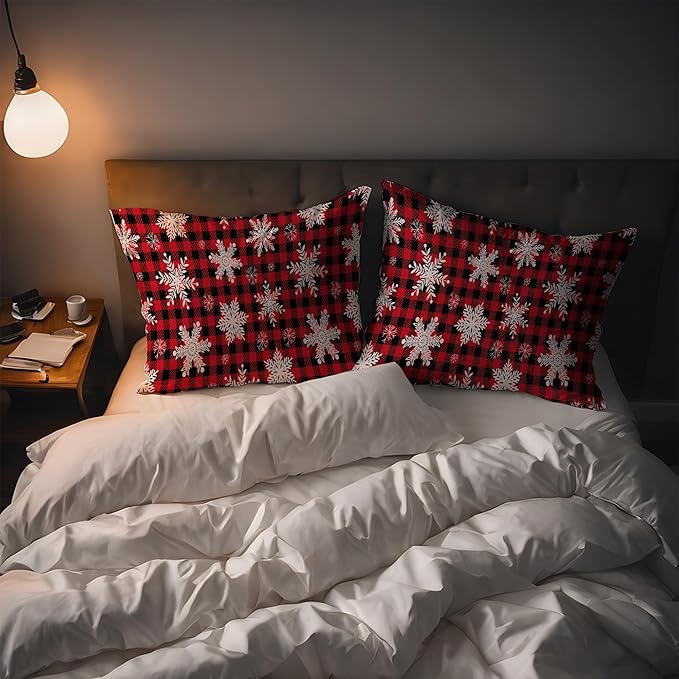 1 Pack Christmas Snowflakes Satin Pillowcase Red Christmas Plaid Similar to Silk Pillow Cases for Hair and Skin, Soft Smooth Breathable Cool Pillow Cases, with Hidden Zipper Standard Size 20" x 26"