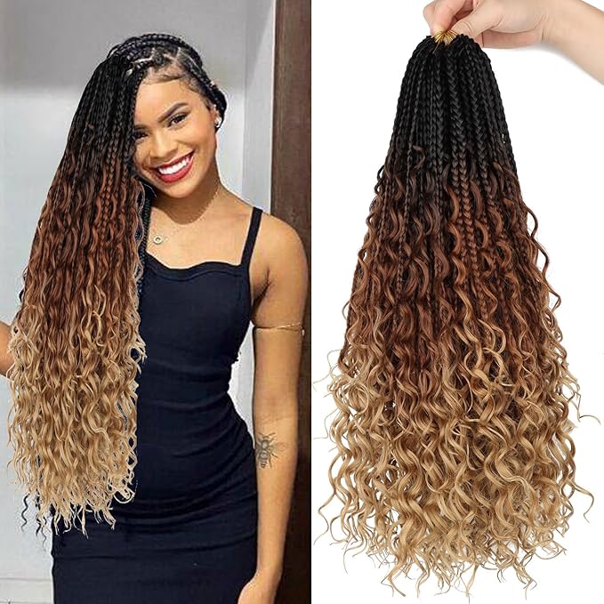 18 Inch Goddess Box Braids Crochet Hair for Black Women 8 Packs Crochet Box Braids Pre-looped Boho Box Braids Crochet Braids Synthetic Braiding Hair Extension 1b/30/27
