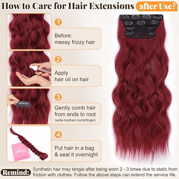 ALXNAN Clip in Long Wavy Synthetic Hair Extension 24 Inch Red 4PCS Thick Hairpieces Fiber Double Weft Hair for Women
