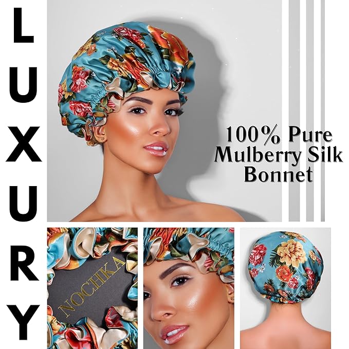 100% Mulberry Silk Bonnet for Women – Handmade in USA, 19 Momme Double-Layer Reversible Hair Wrap, Non-Slip Sleep Cap for Curly & Natural Hair, Luxury Hair Protection (Blue Peonies)